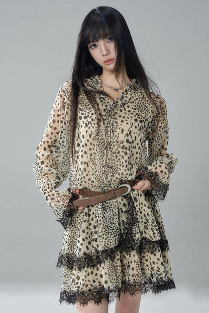 Long-Sleeve Chiffon Leopard Print Dress