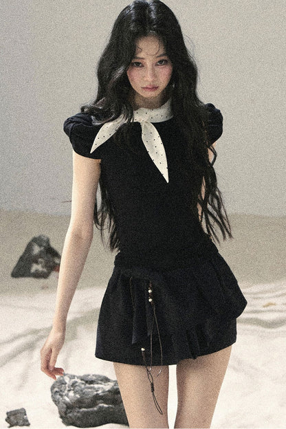 French Polka Dot Bow Puff Sleeve Top
