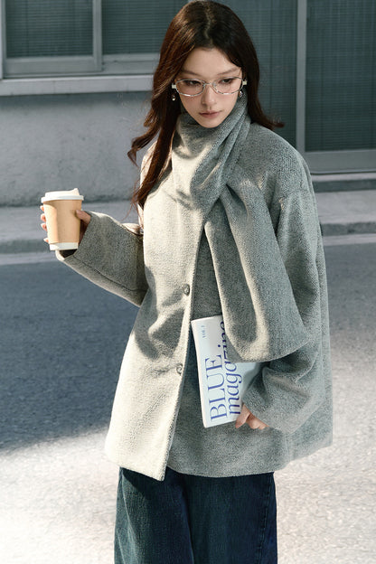Asymmetrical Scarf Collar Woolen Jacket