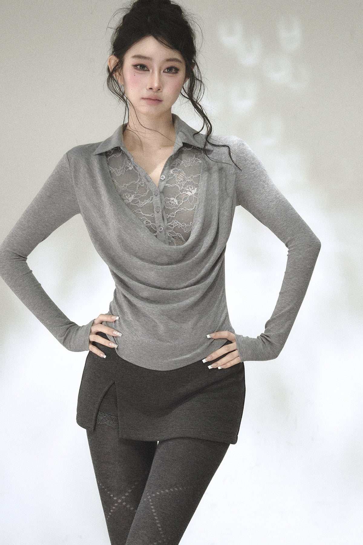 Lace Drape Collar Long-Sleeve Knit Top