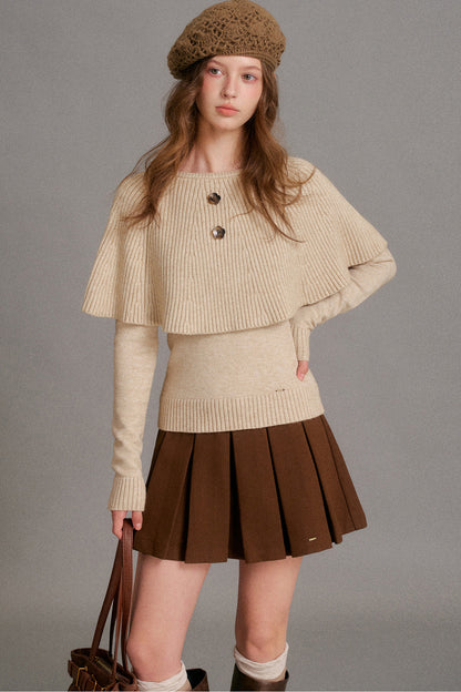 Floral Button Ribbed Cuff Cape Sweater Set