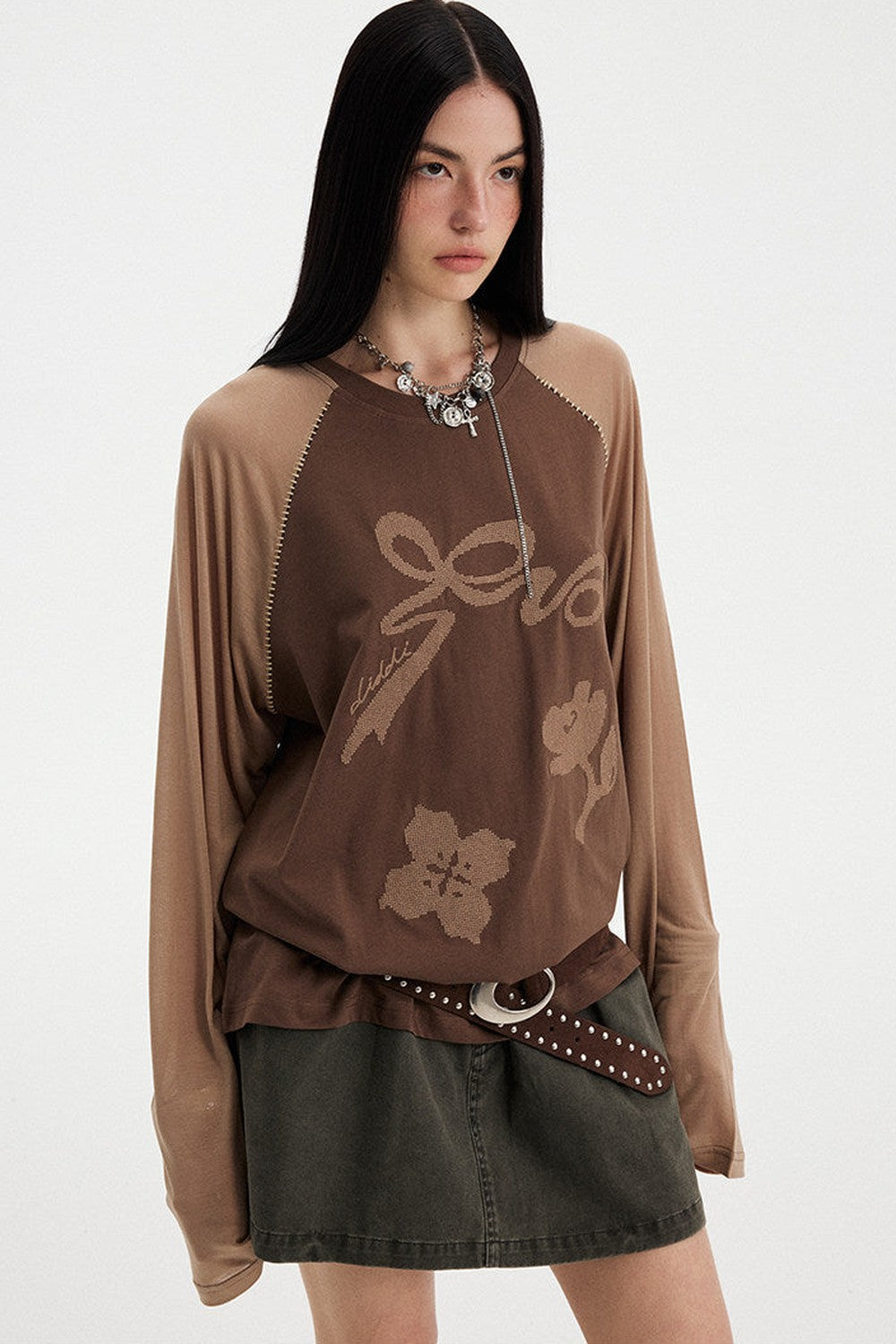 Bow Floral Spliced Long-Sleeve Top