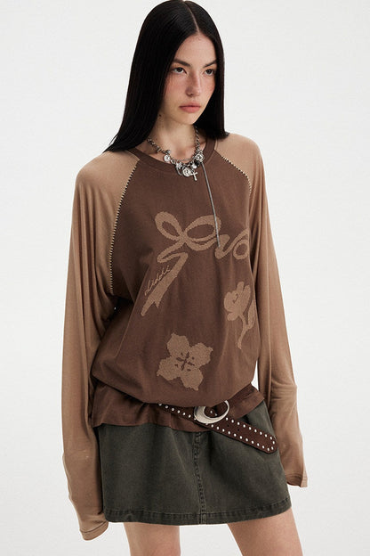 Bow Floral Spliced Long-Sleeve Top