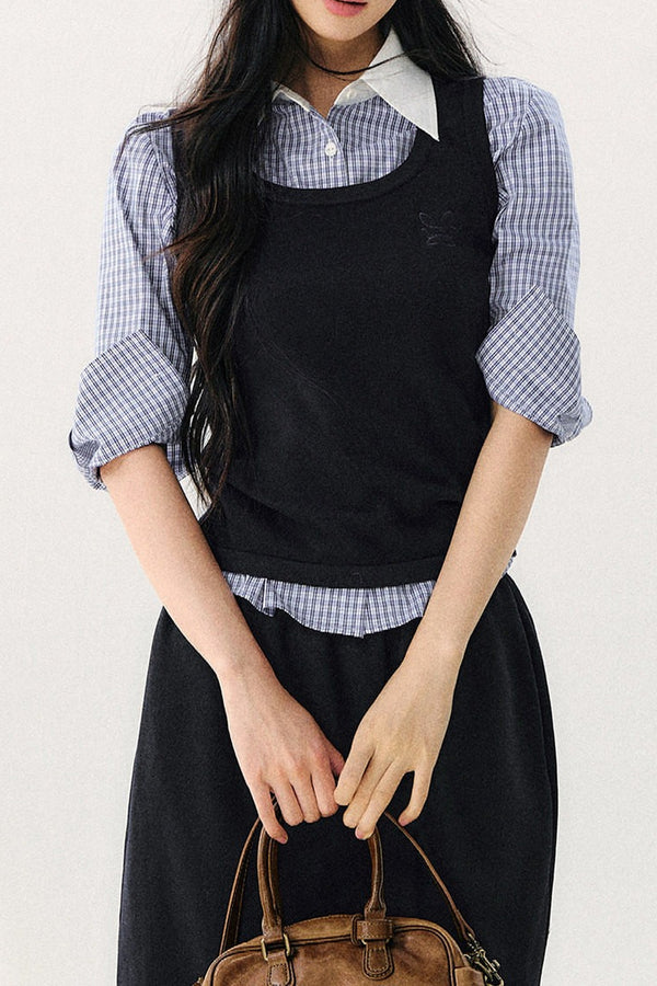Vintage Plaid Shirt With Vest And Skirt Set-Up