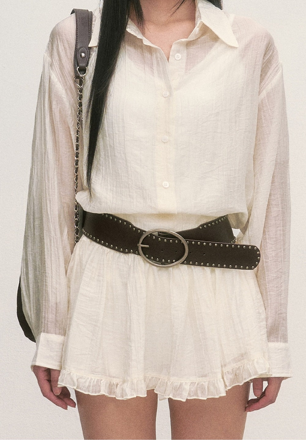 White Long-Sleeved Shirt And Skirt Set
