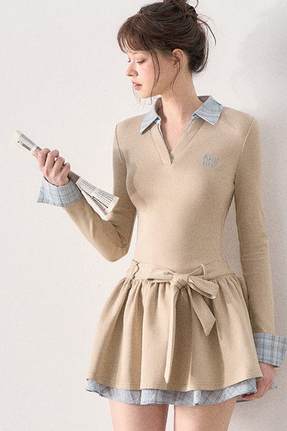 Bow Belt Knit Layered-Look Dress