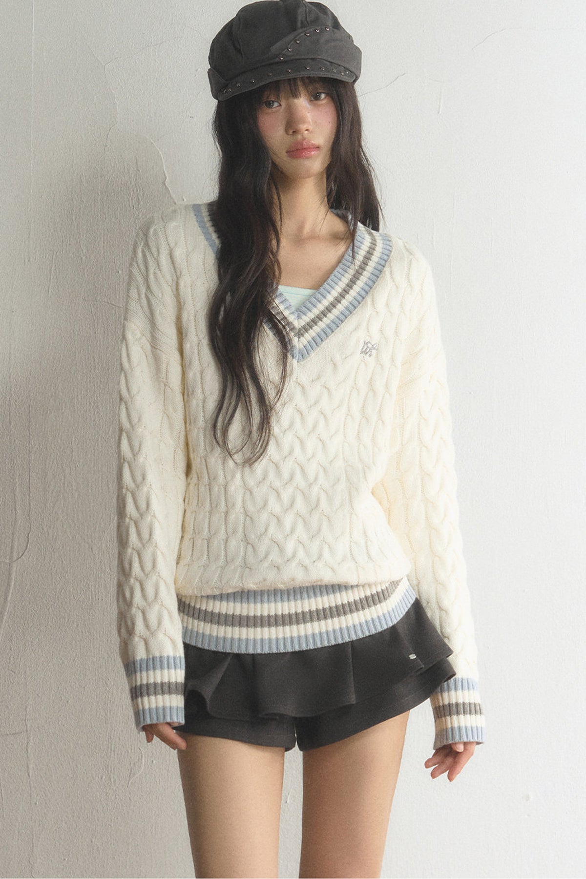V-Neck Cable Knit Pullover Top and Pleated Skirt Set-Up