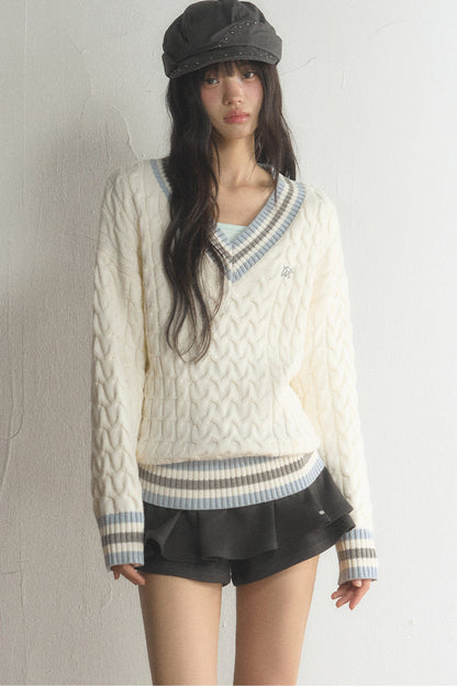 V-Neck Cable Knit Pullover Top and Pleated Skirt Set-Up