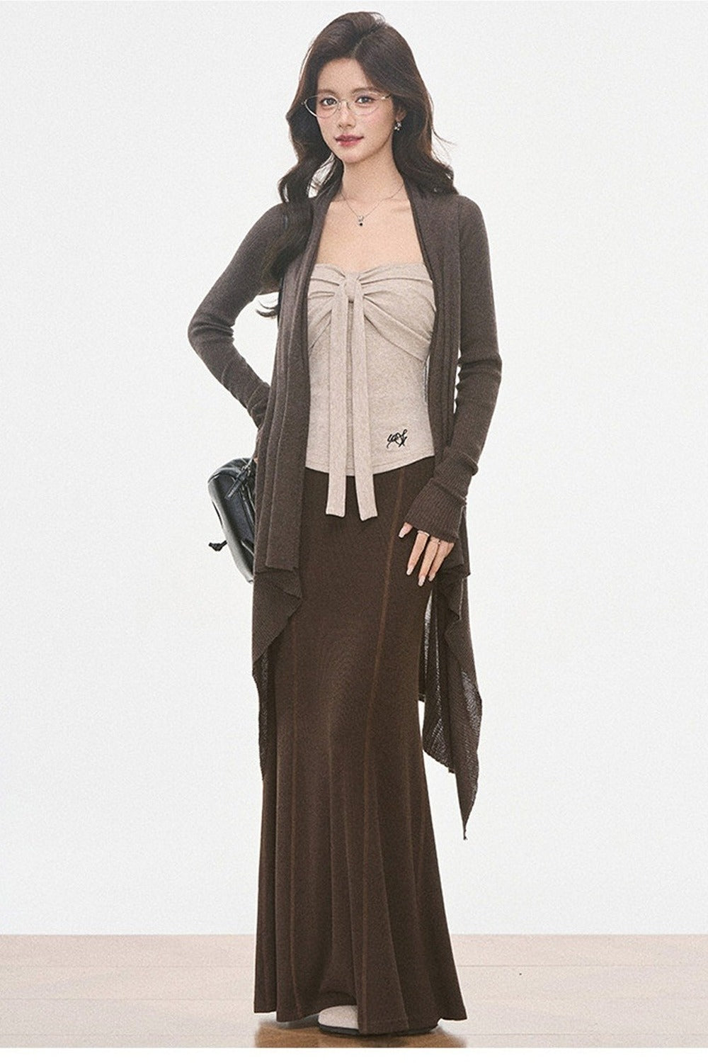 Ensemble 3 pièces en maille irrégulière avec cardigan et jupe