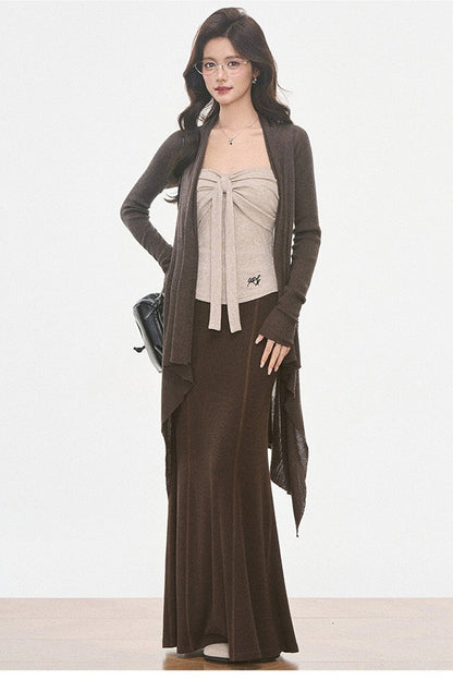 Ensemble 3 pièces en maille irrégulière avec cardigan et jupe