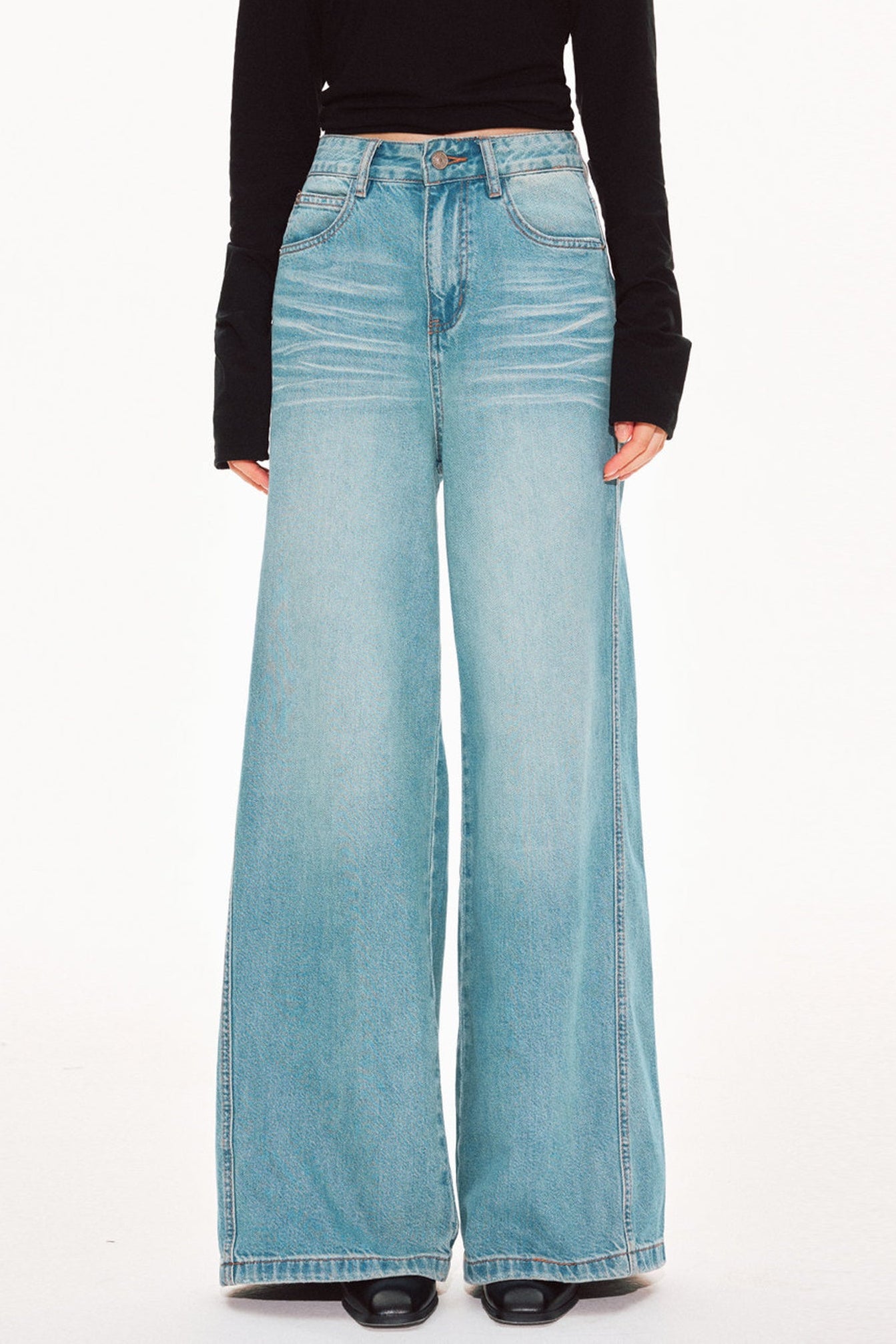 Washed Denim Wide-Leg Pants