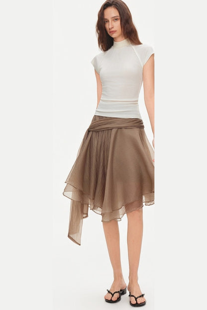 Asymmetrical Tie Waist Sheer Midi Skirt
