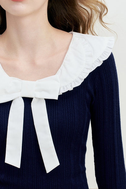 Doll Collar Detachable Bow Knit Top