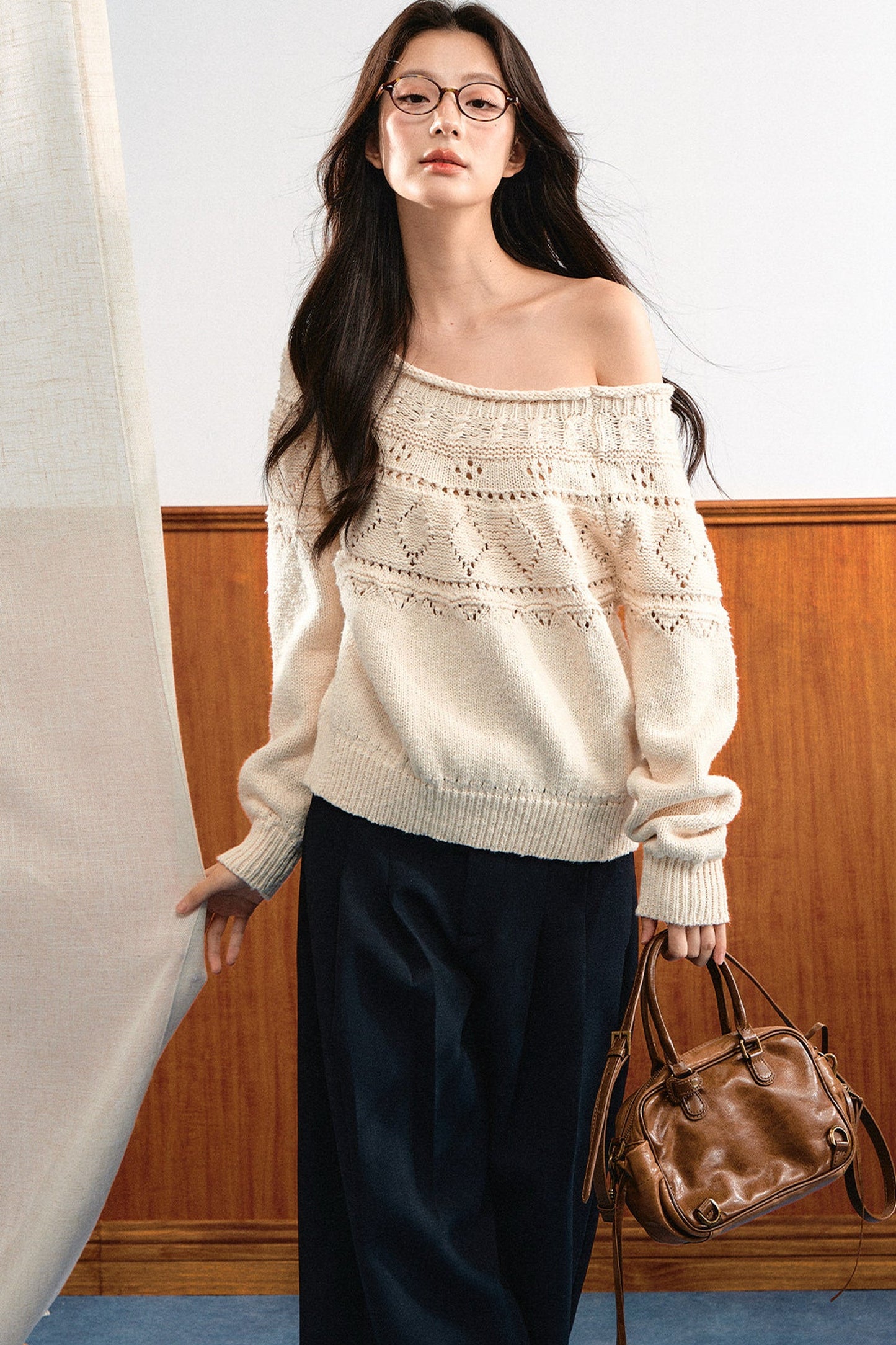 Off-Shoulder Diamond Knit Top