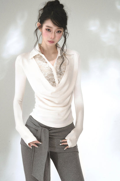 Lace Drape Collar Long-Sleeve Knit Top