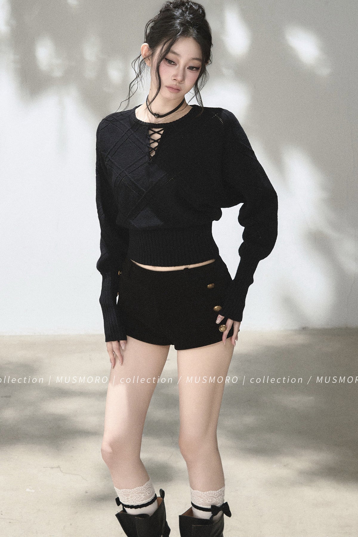 Lace-Up V-Neck Knit Top