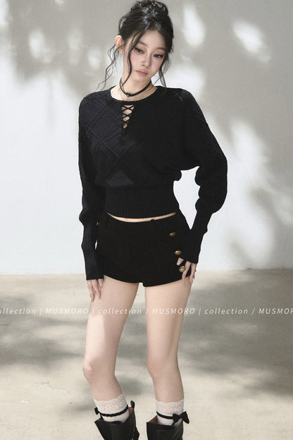 Lace-Up V-Neck Knit Top