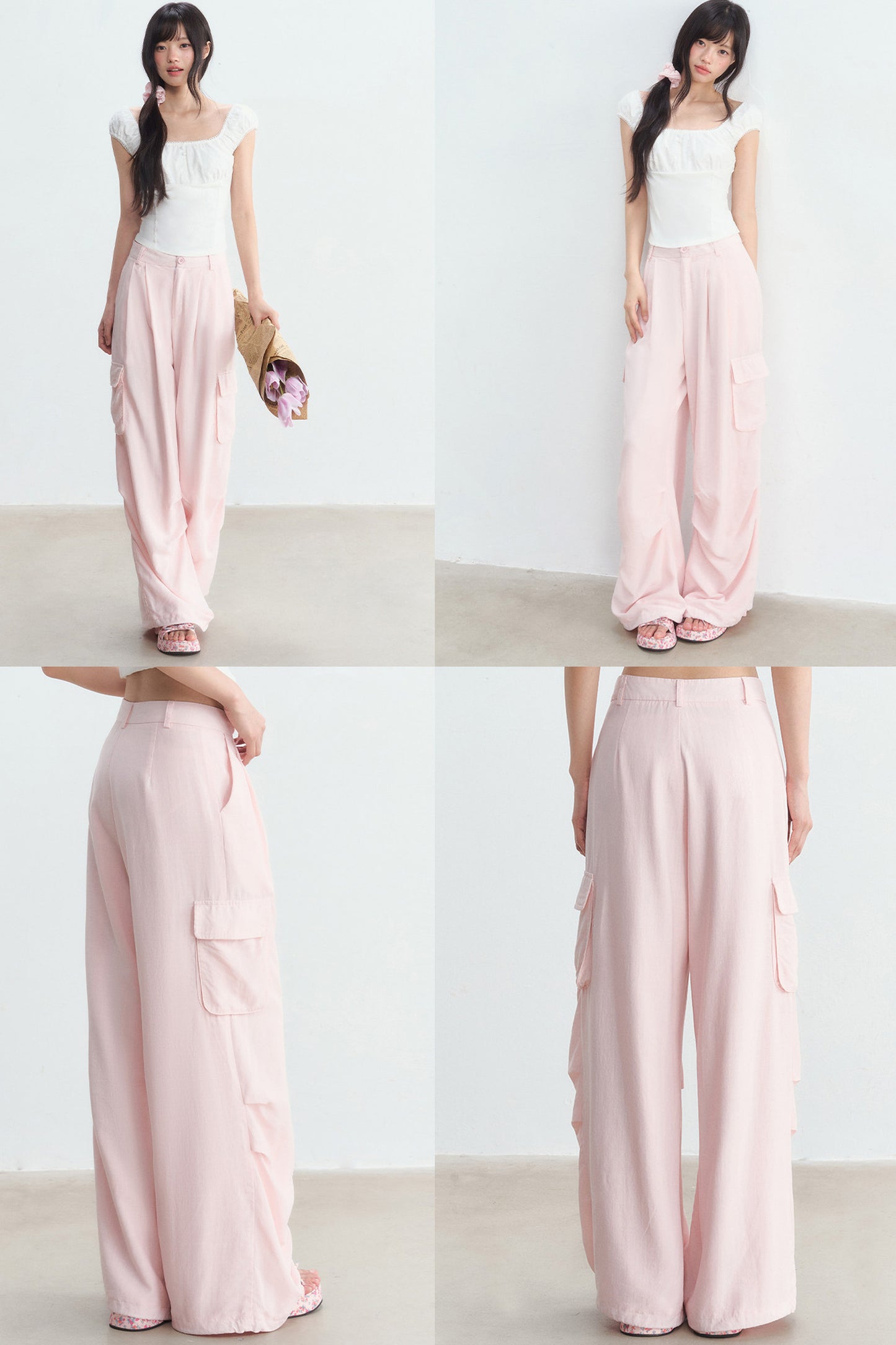 Pink High-Waisted Wide-Leg Cargo Pants