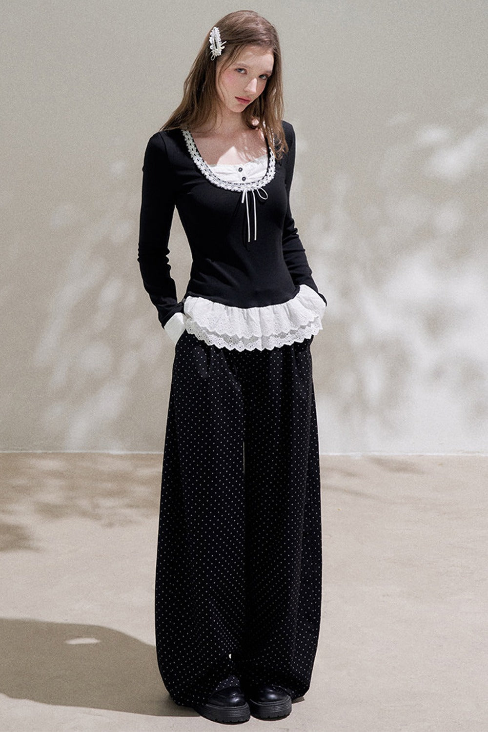 Black Layered-Look Long Sleeve Blouse