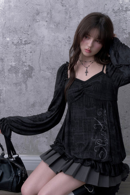 Schwarze Bluse in Lagenoptik mit Blumenmuster