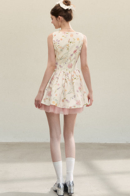 Floral Puffy Suspender Dress