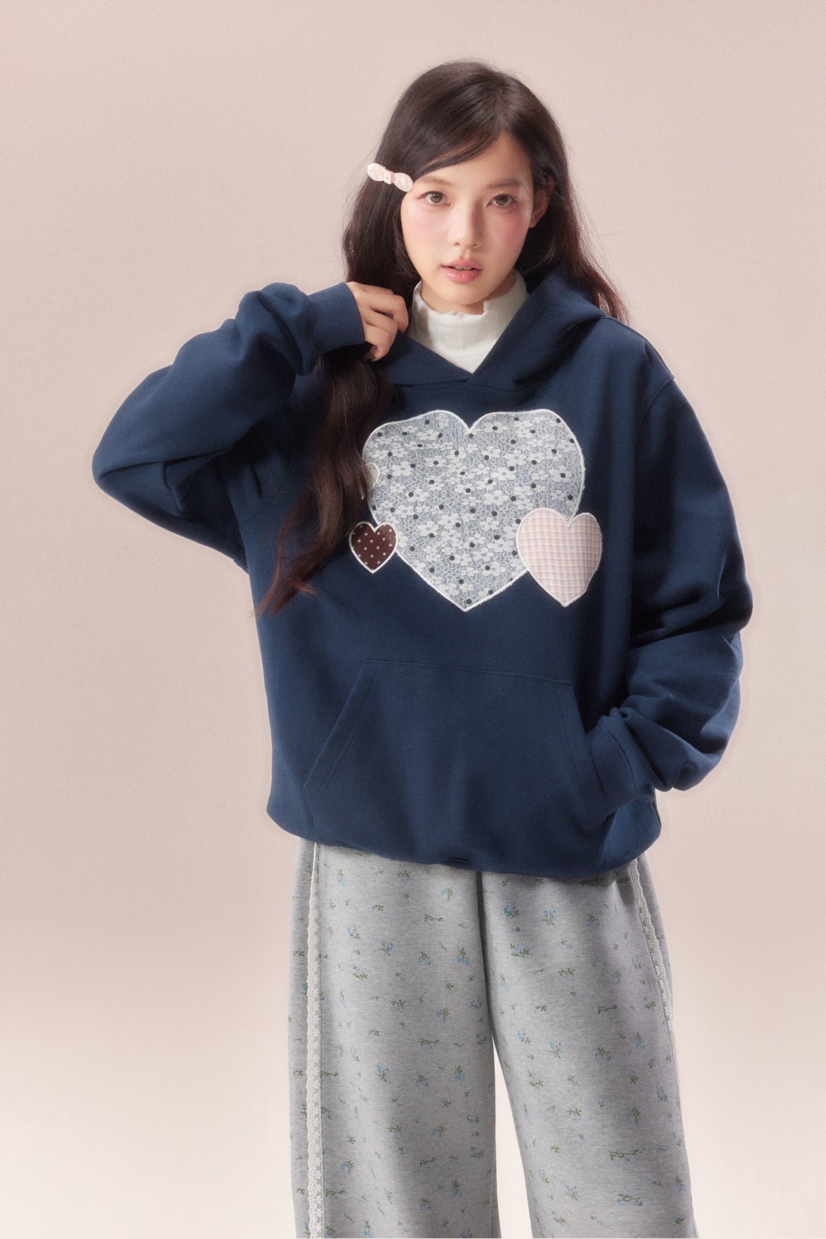 Heart Patchwork Embroidered Hooded Sweatshirt