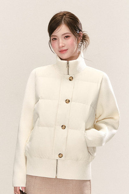 White Stand-Collar Knit Patchwork Down Jacket