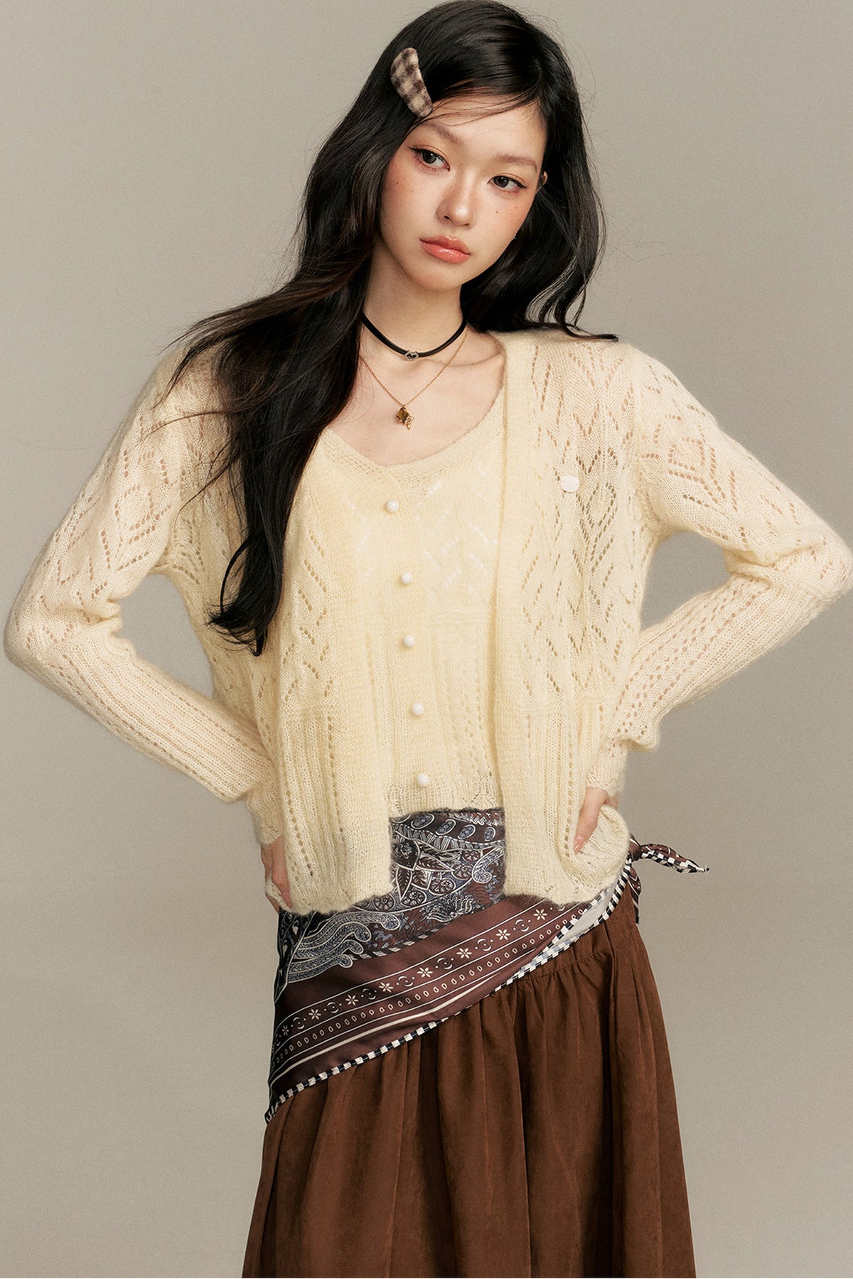 Crochet Knit Cardigan and Camisole Two-Piece With Skirt Set-Up