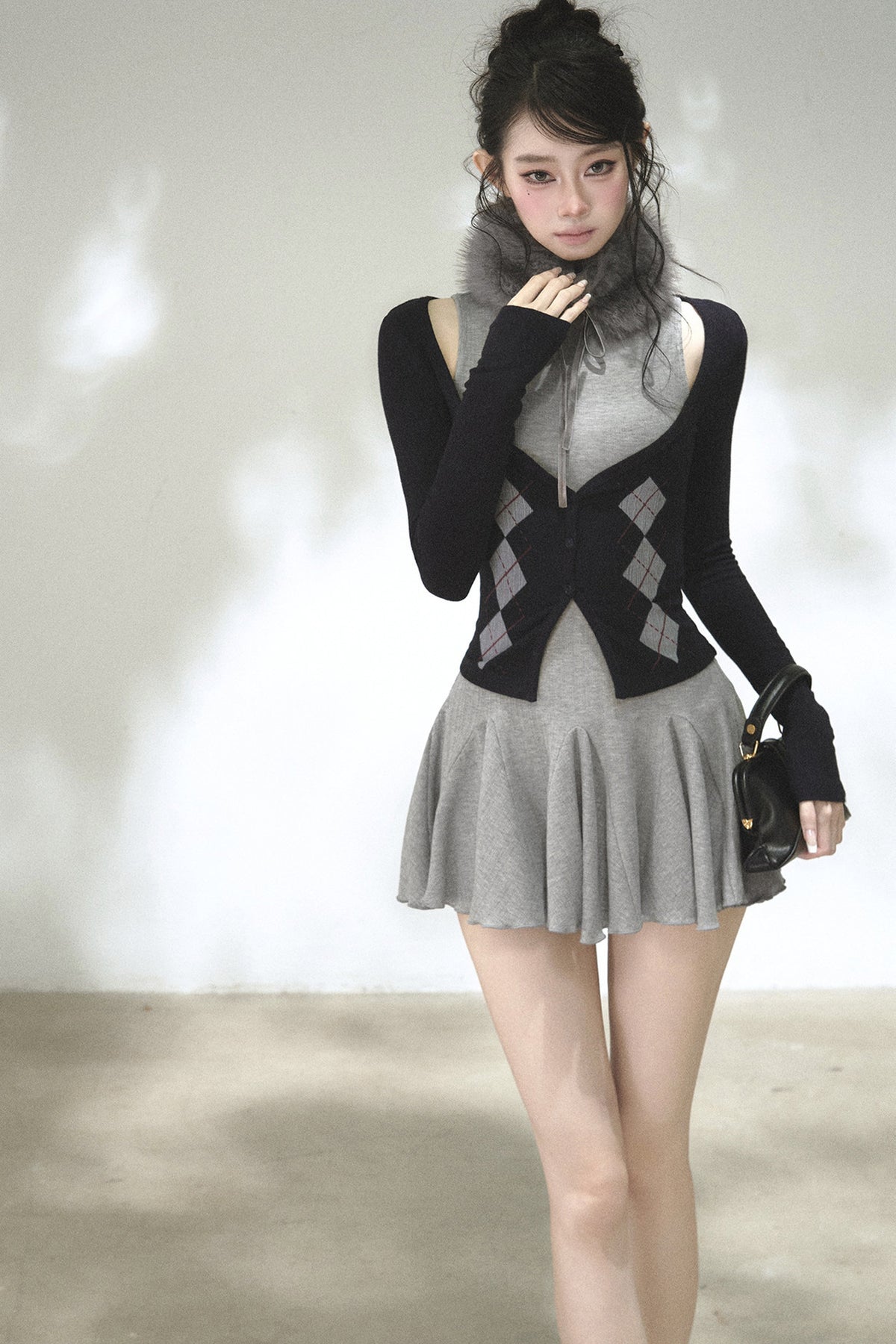 Vertical Striped Diamond Knit Cardigan and Ruffled Dress Set-Up