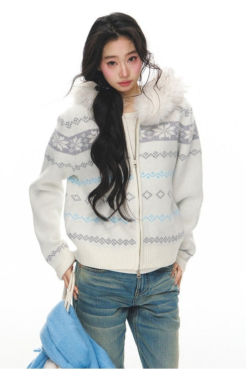 Fair Isle Jacquard Fur Collar Cardigan Set-Up