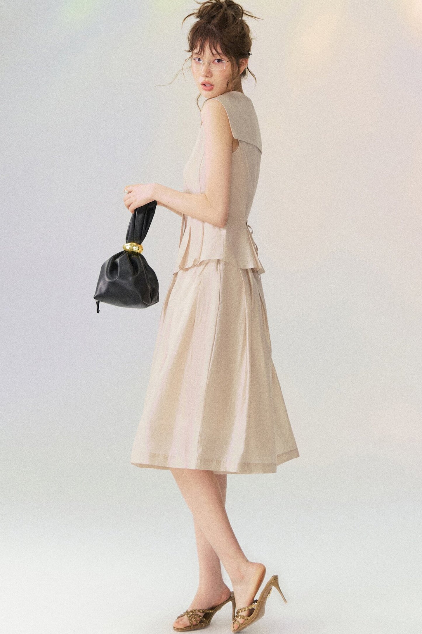 Sleeveless Sailor Collar Shirt and Pleated Pants Set-Up