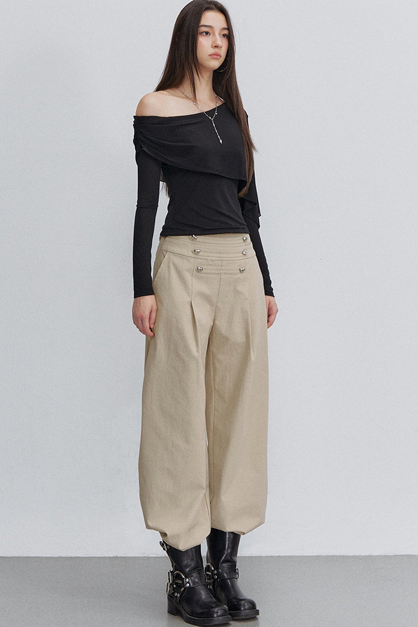 Asymmetric One-Shoulder Button Shawl Long Sleeve Top
