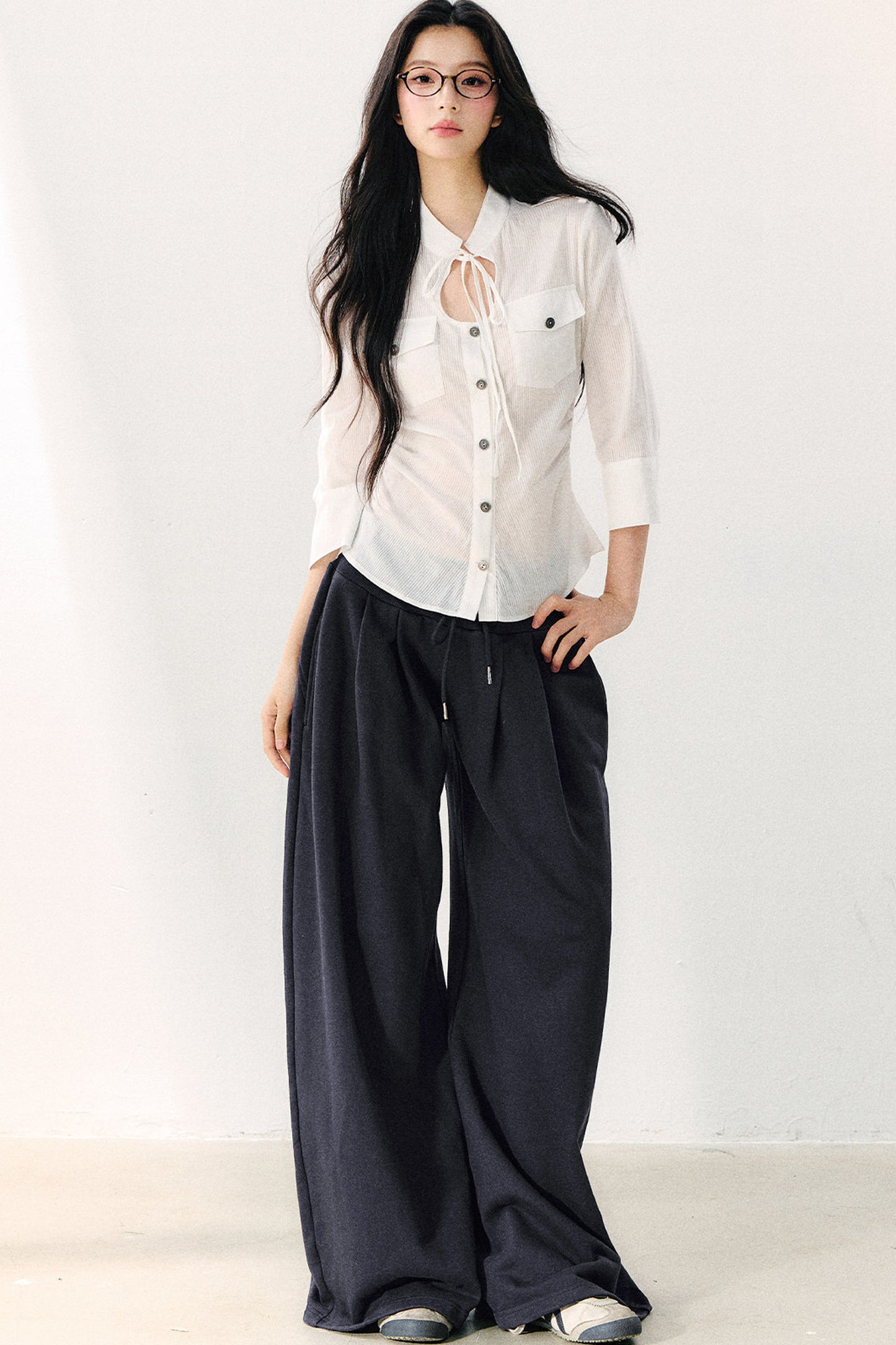 Pure Cotton Tie Neck Three-Quarter Sleeve Shirt