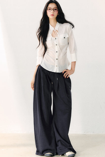 Pure Cotton Tie Neck Three-Quarter Sleeve Shirt