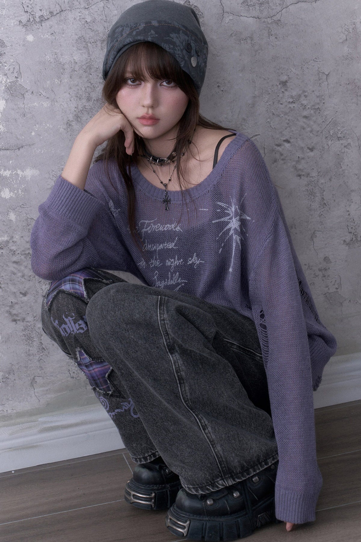 Purple Ripped Knit Print Sweater