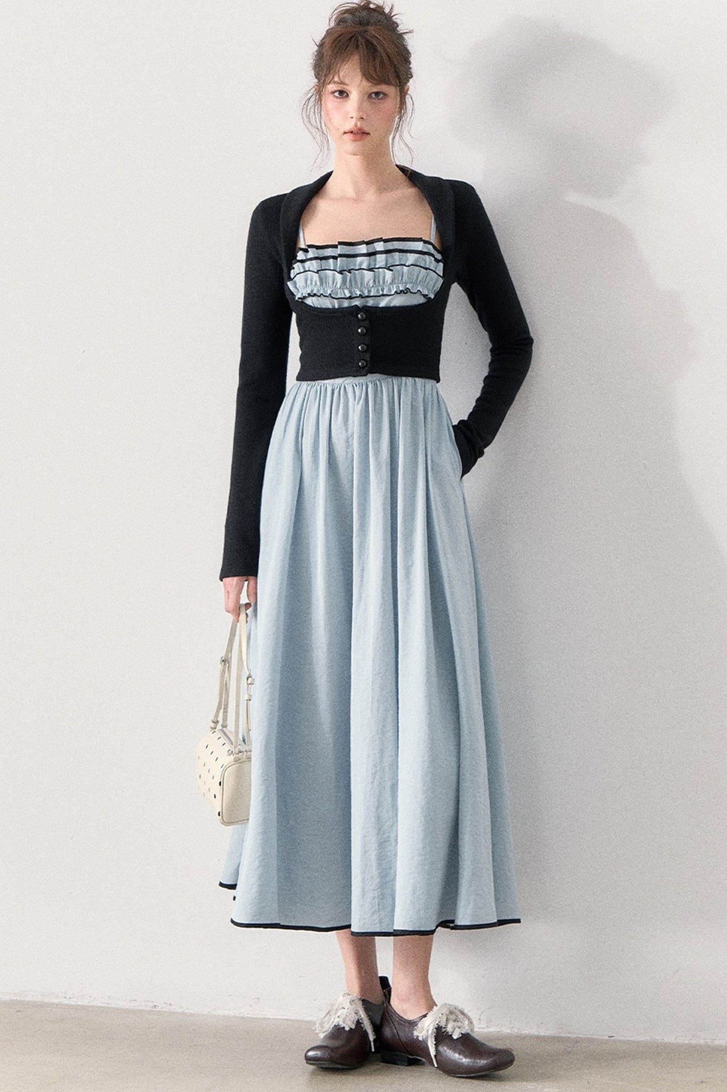 Slim Knit Cardigan and Ruffle Dress Set