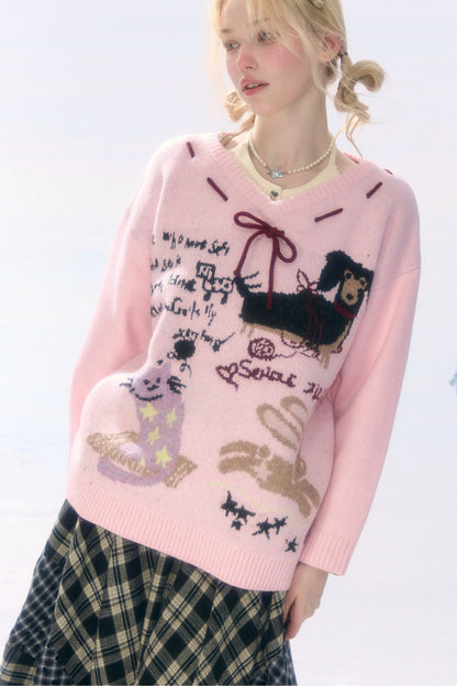 Pink Cartoon Print V-Neck Sweater