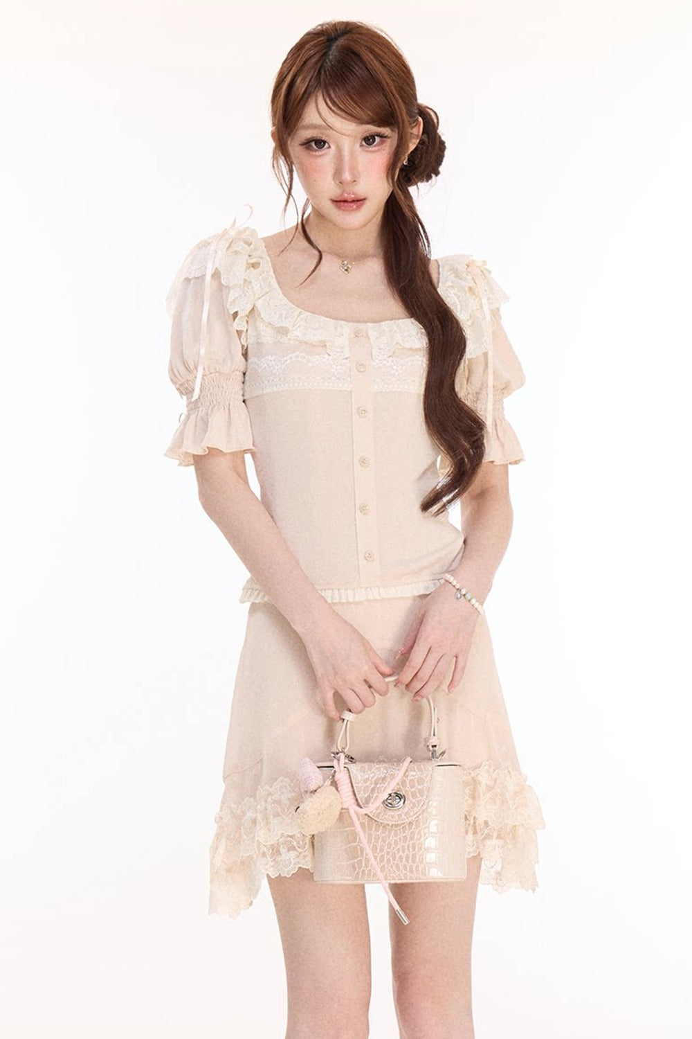 Floral Lace Lantern Sleeve Top and Chiffon Skirt Set-Up