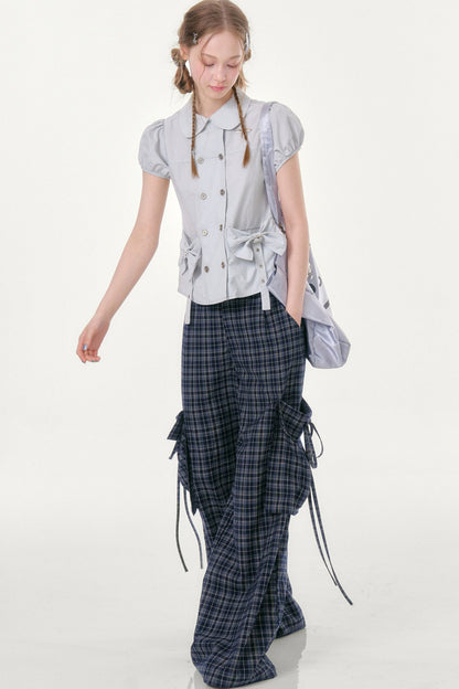 Dark Blue Plaid Wide-Leg Pants