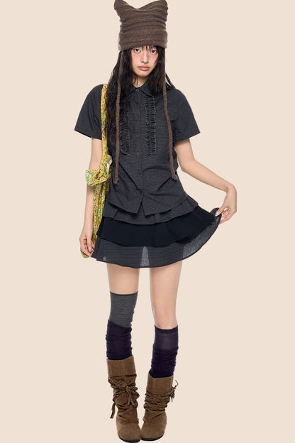 Plaid Pleated Blouse and Cake Skirt Set-Up