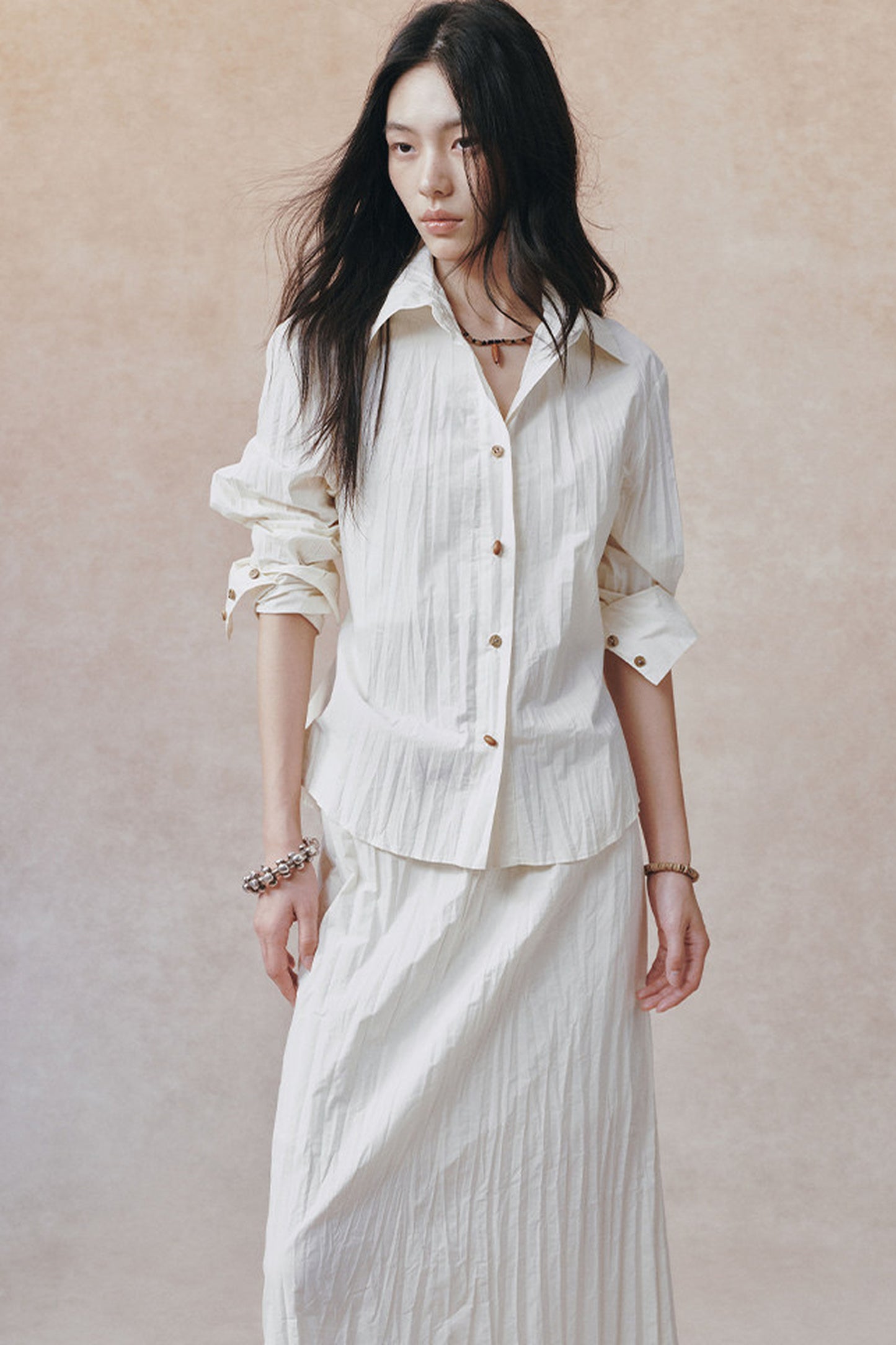 Pleated Stand Collar Shirt and Skirt Set