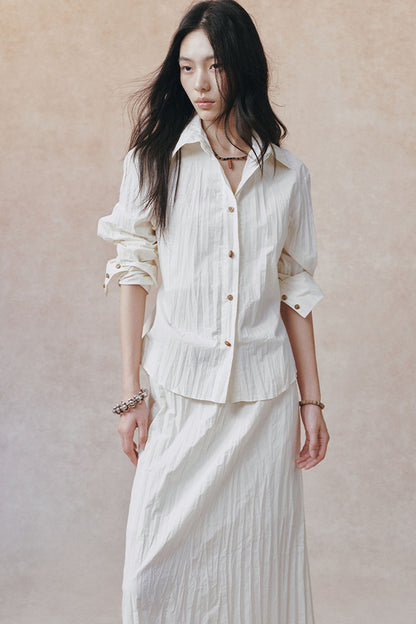 Pleated Stand Collar Shirt and Skirt Set