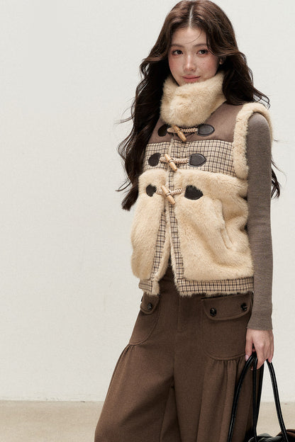 Retro Plaid Faux Fur Toggle Vest