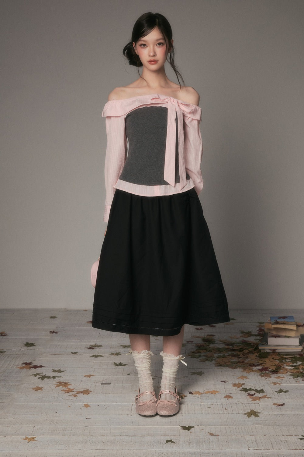 One-Shoulder Bow Spliced Long-Sleeve T-Shirt