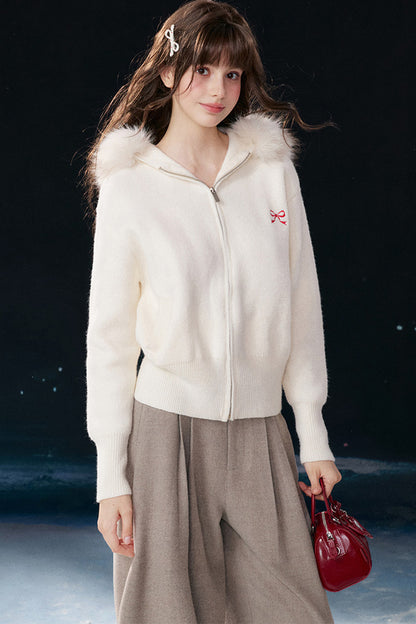 Embroidered Hooded Fur Collar Cardigan