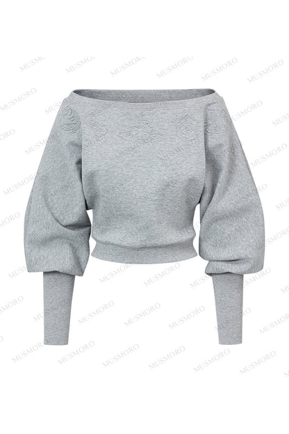 Geprägtes schulterfreies Crop-Sweatshirt mit Katze