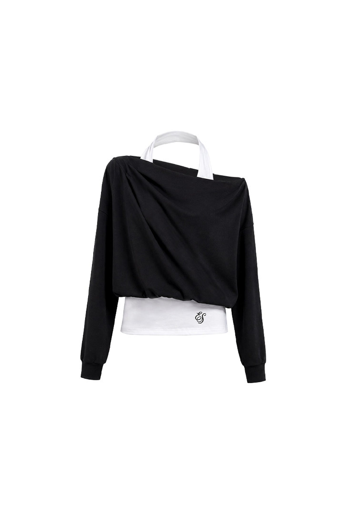 Black Asymmetrical Shoulder Long-Sleeve Top and Skirt Set-Up