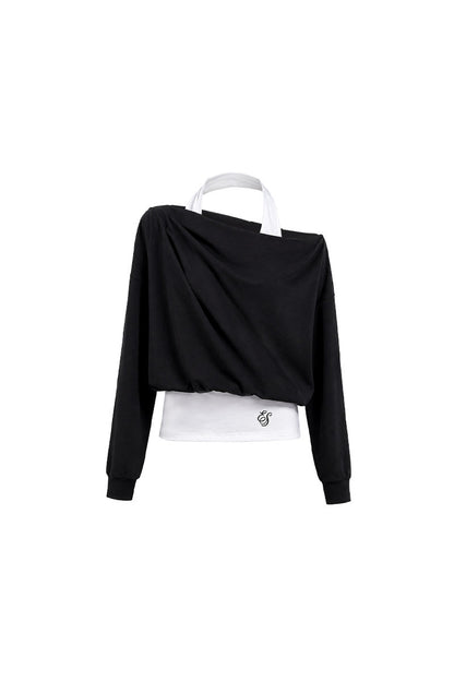 Black Asymmetrical Shoulder Long-Sleeve Top and Skirt Set-Up