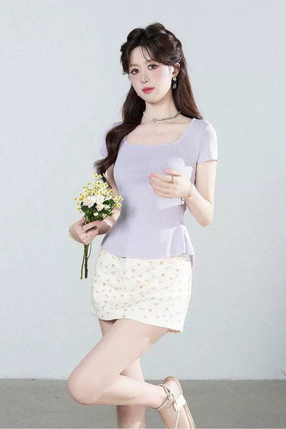 Square Neck Knit Top and Polka Dot Skirt Set-Up