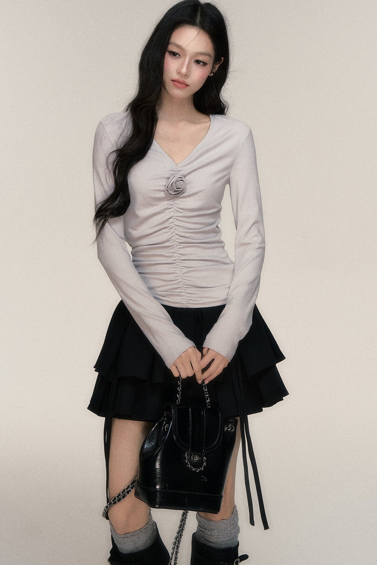 Rose Brooch Ruched Layered T-shirt